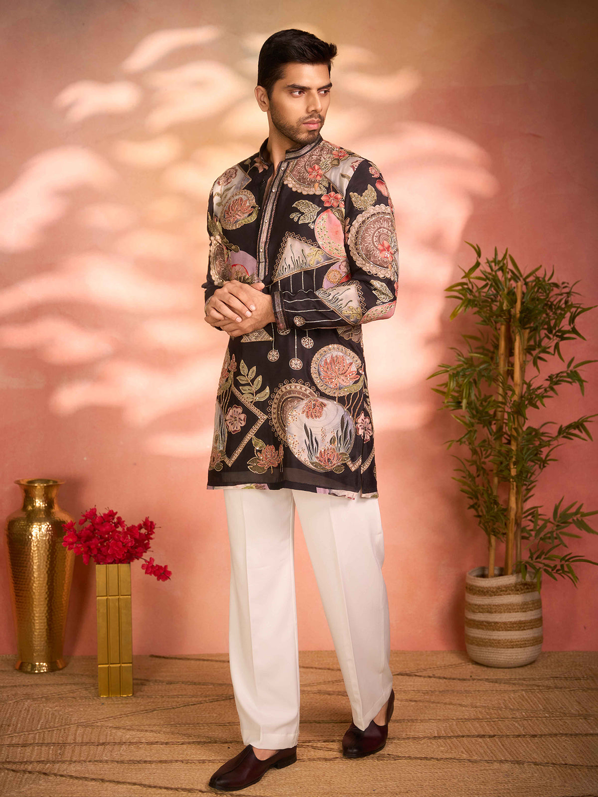 Black printed tissue silk statement ethnic kurta pajama
