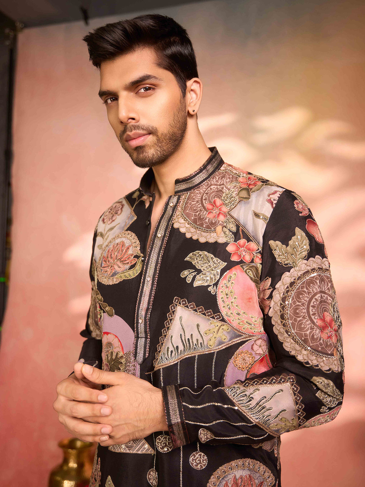 Black printed tissue silk statement ethnic kurta pajama