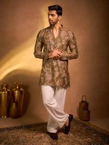Olive green tissue silk kalka printed kurta suit