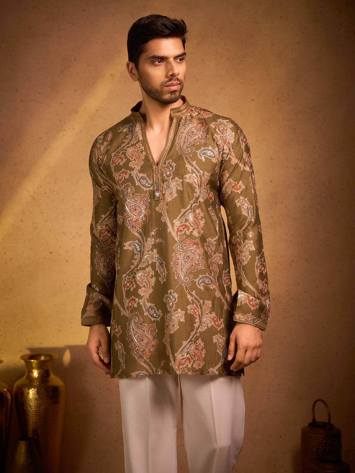 Olive green tissue silk kalka printed kurta suit