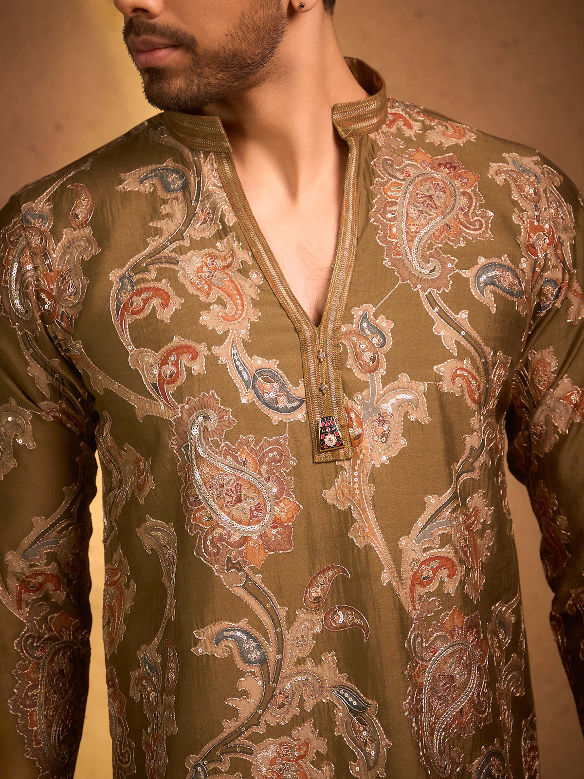 Olive green tissue silk kalka printed kurta suit