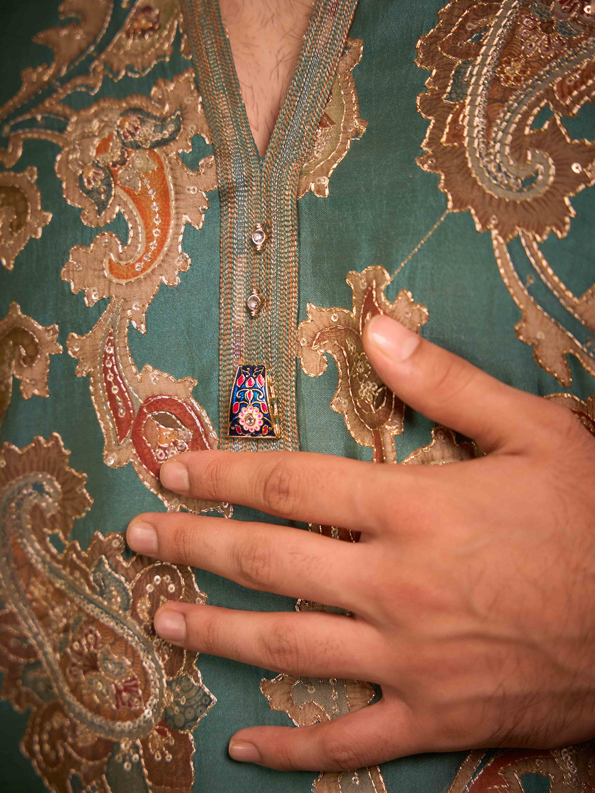 Teal green tissue silk paisley embroidered kurta pajama