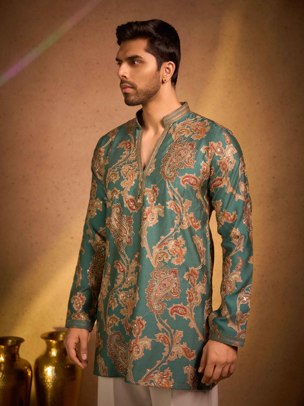 Teal green tissue silk paisley embroidered kurta pajama