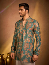 Teal green tissue silk paisley embroidered kurta pajama