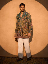 Bottle green tissue silk peacock heritage kurta pajama