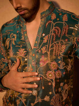 Bottle green tissue silk peacock heritage kurta pajama