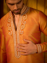 Rust yellow soft silk grand occasion kurta suit wear