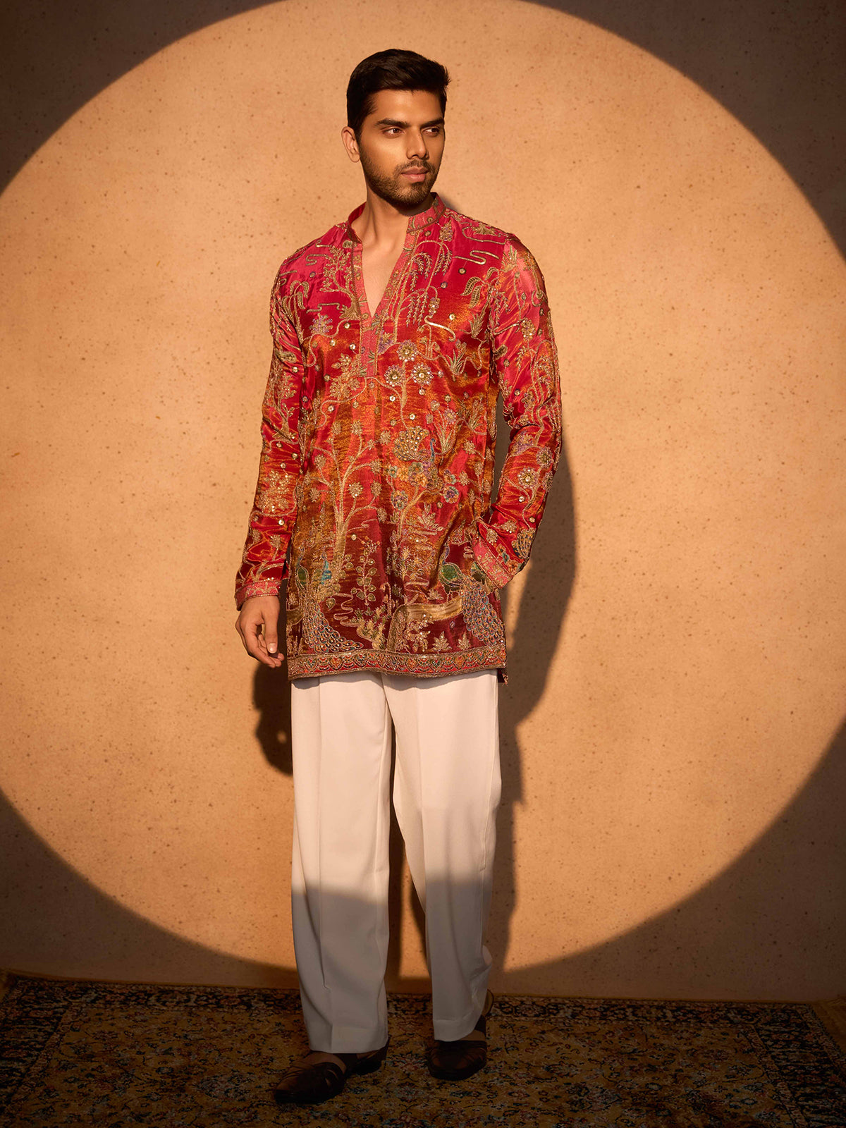 Red tissue silk royal celebration kurta suit attire