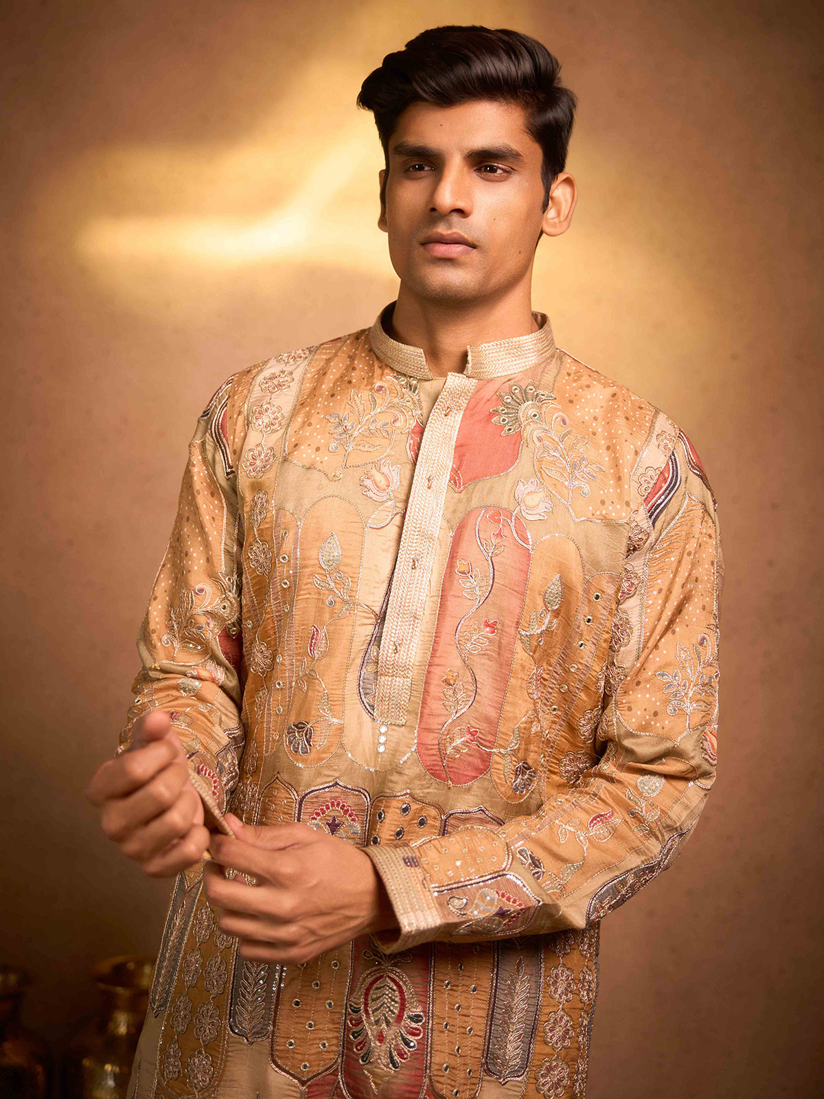 Gold tissue silk luxury festive ethnic attire for men