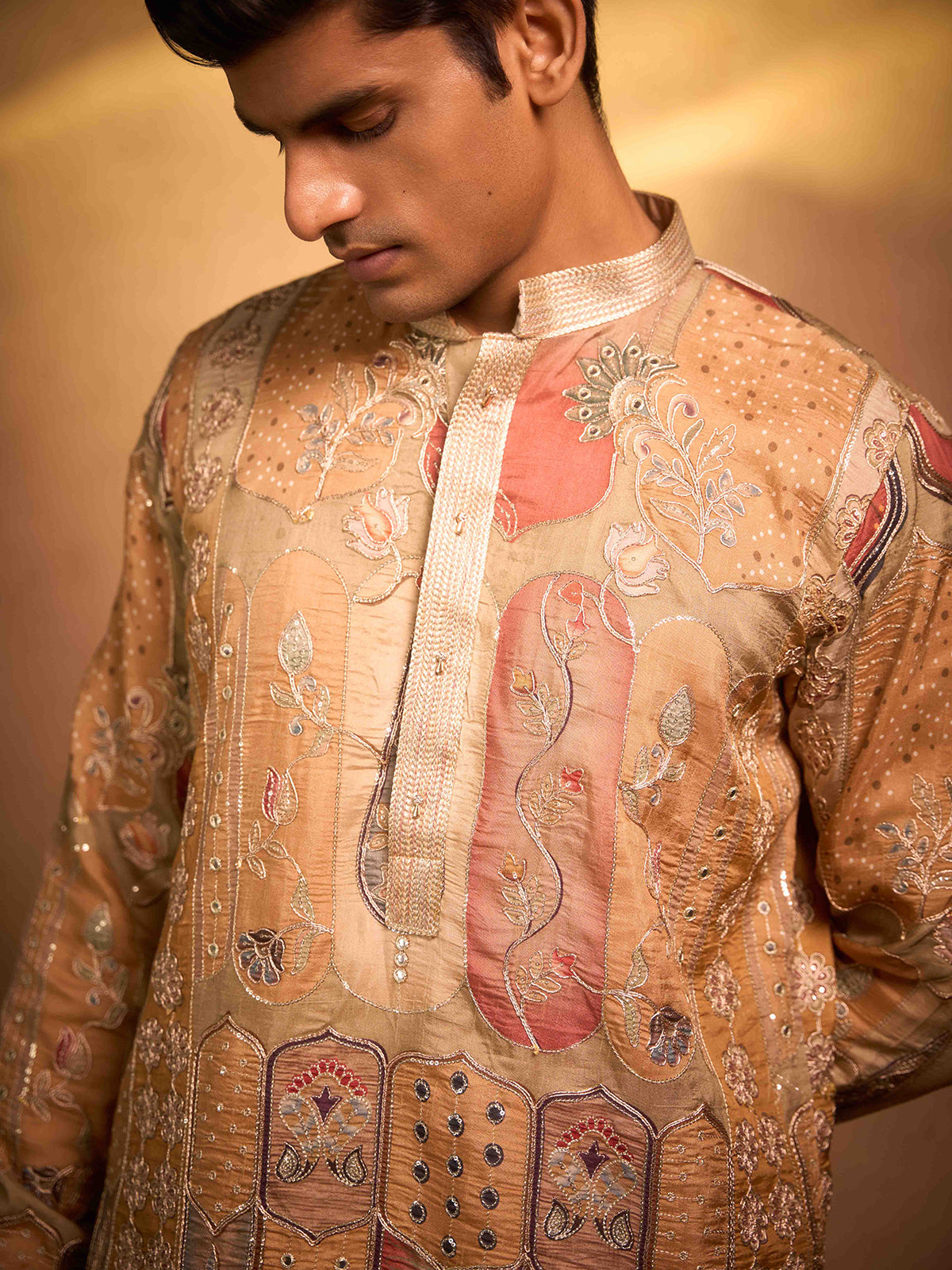 Gold tissue silk luxury festive ethnic attire for men