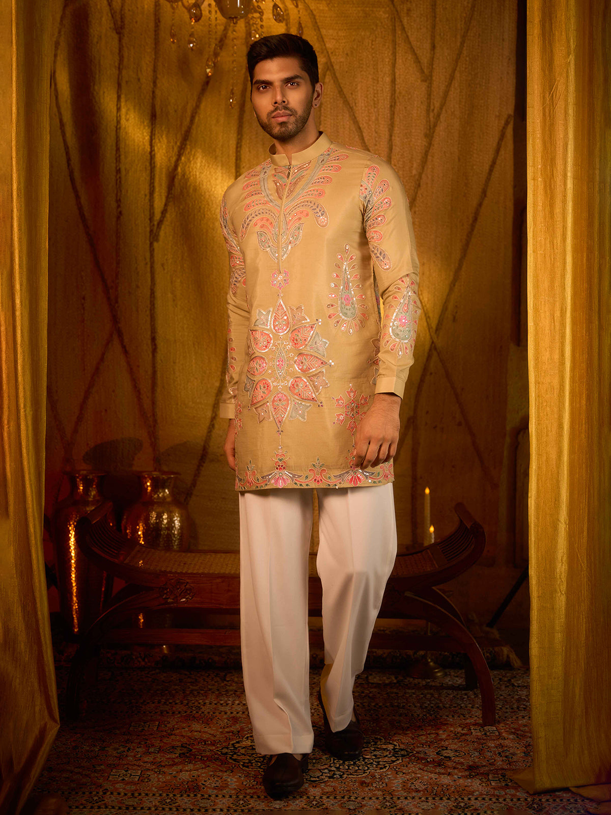 Light olive tissue silk royal ethnic statement wear for mens