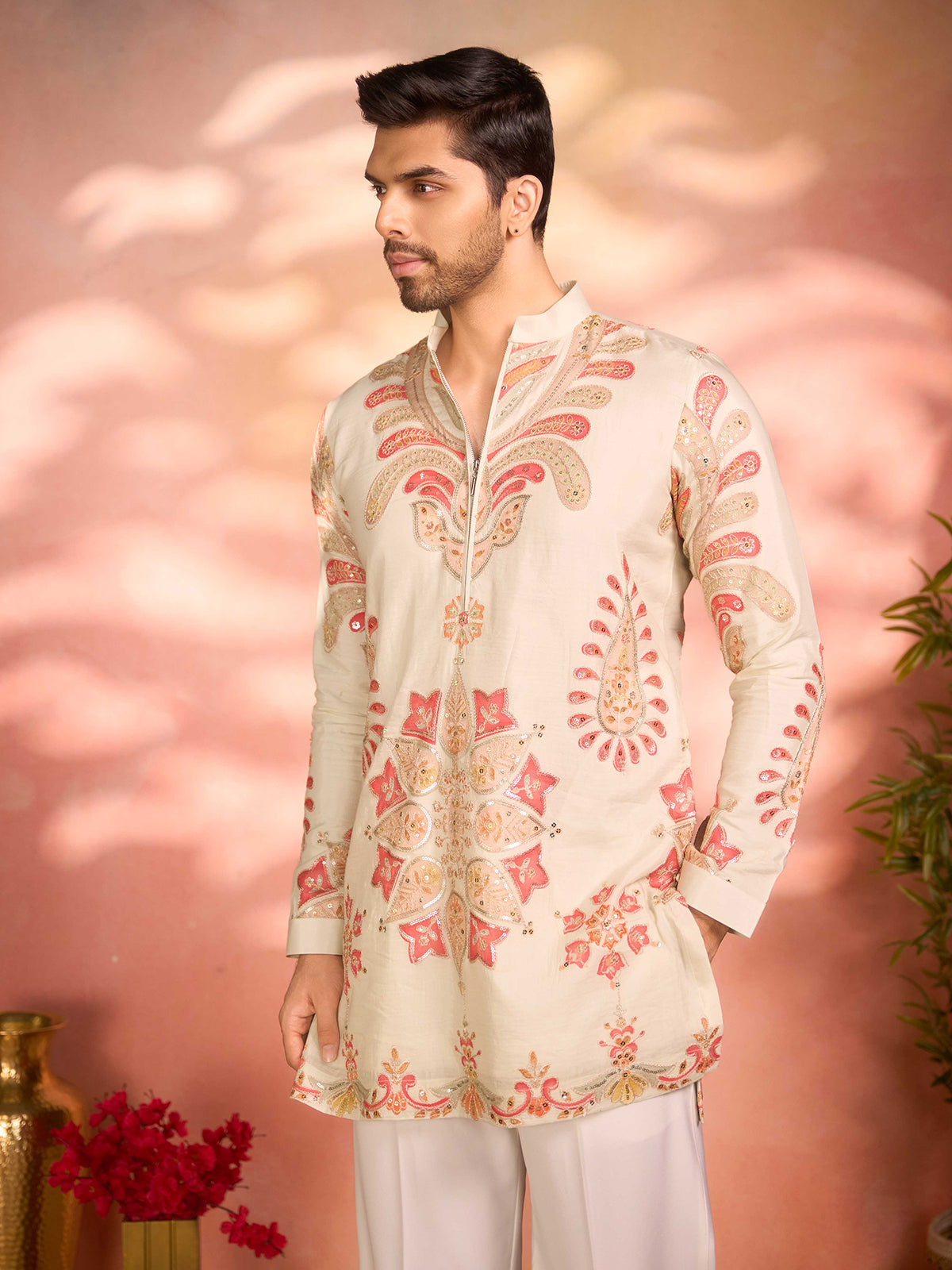 Cream tissue silk heritage celebration kurta pajama