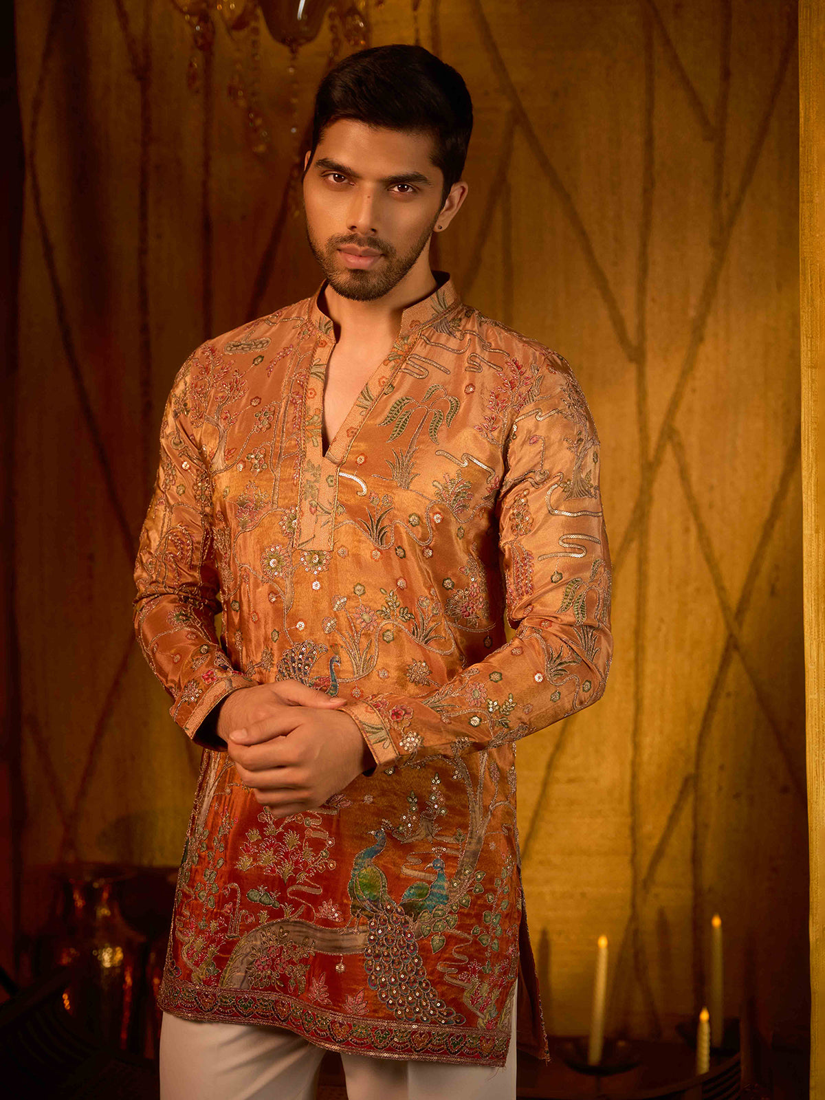 Mustard yellow shaded tissue silk festive ethnic wear