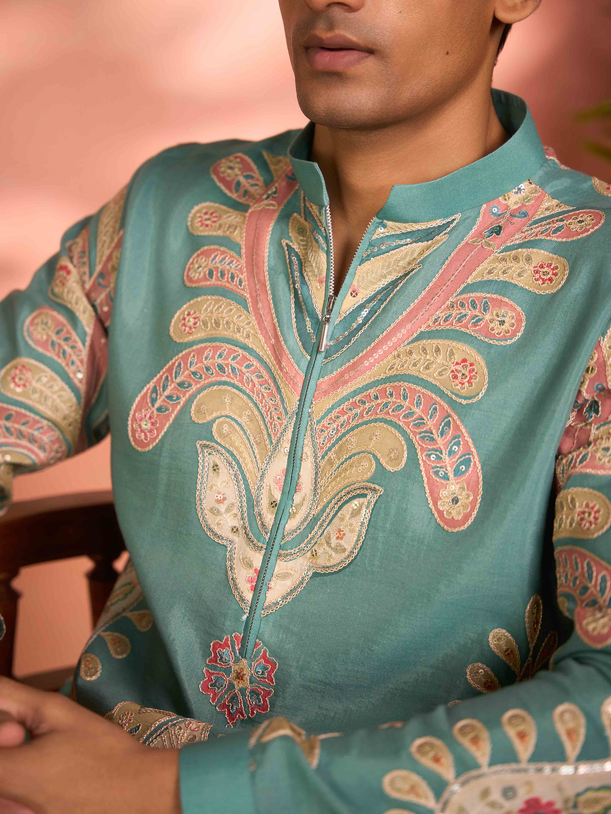 Sky blue tissue silk signature wedding kurta suit