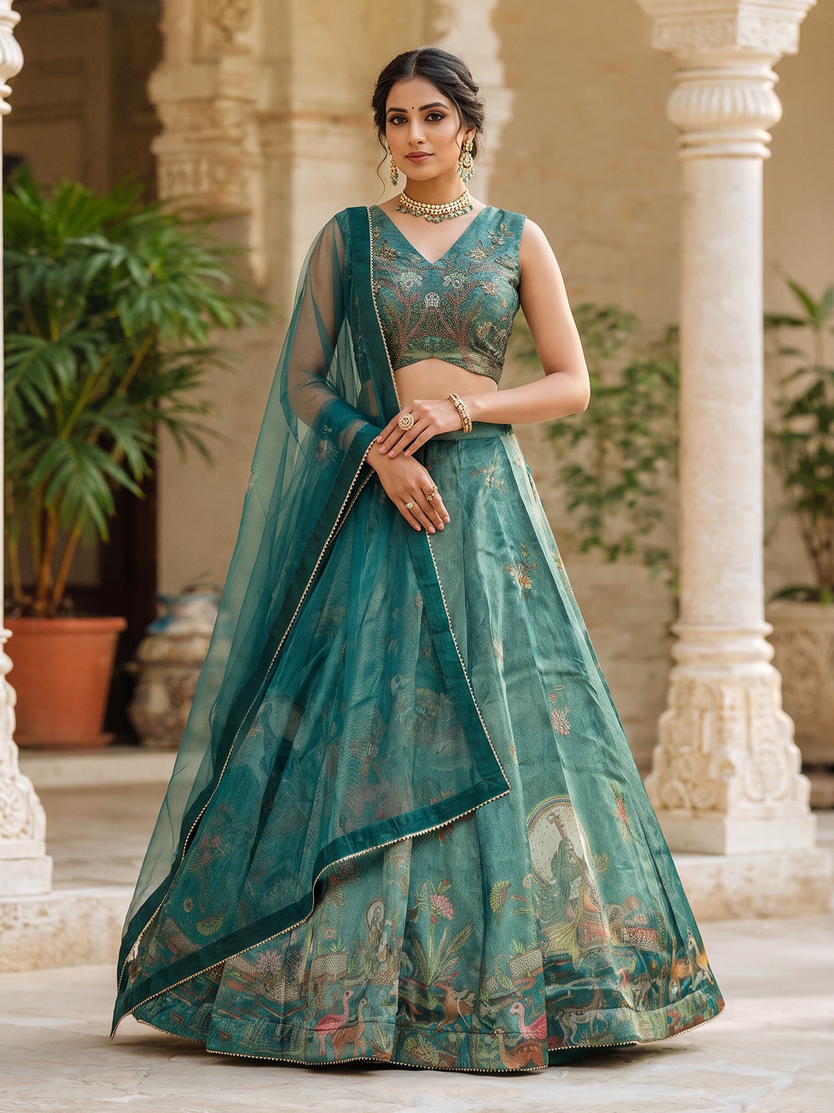 Teal green pichwai printed crepe silk lehenga choli ensemble