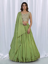 Pista green micro pleated crepe silk festive lehenga choli