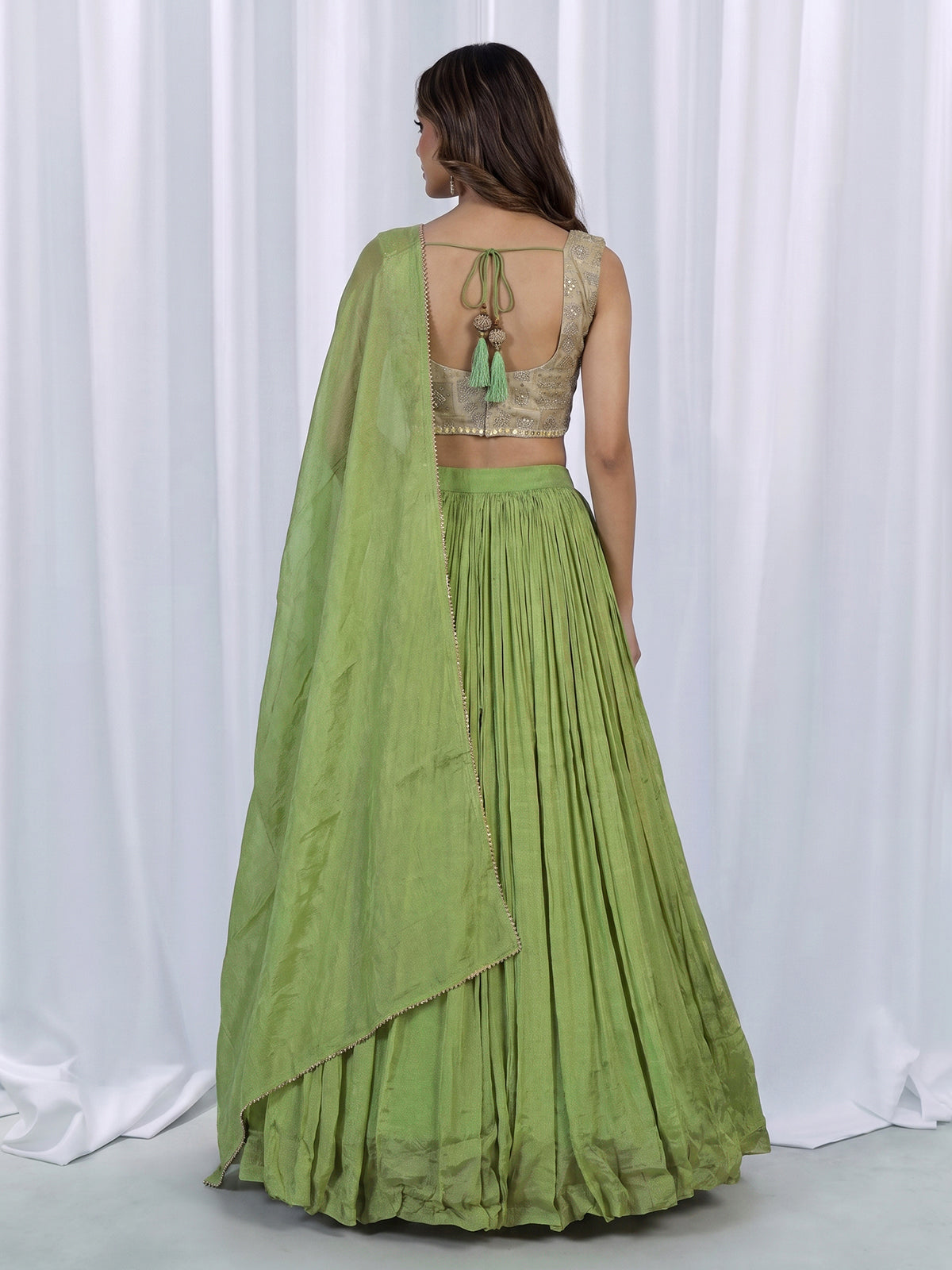 Pista green micro pleated crepe silk festive lehenga choli