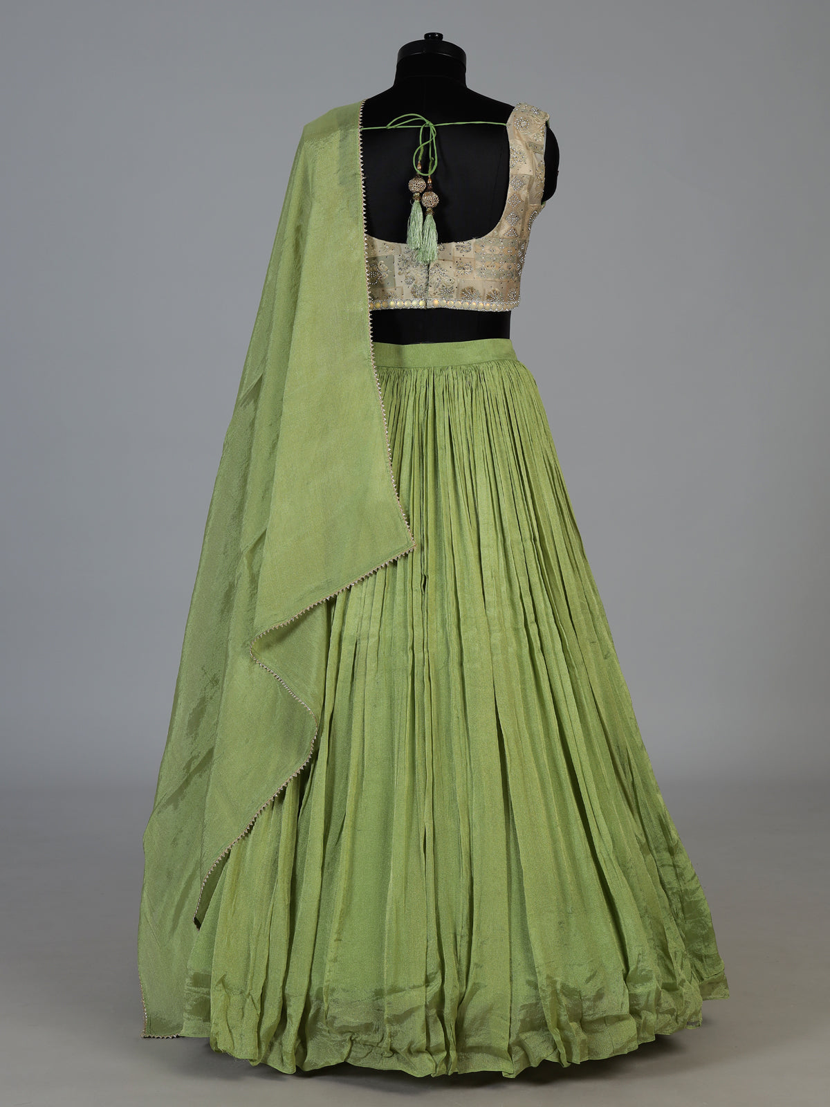 Pista green micro pleated crepe silk festive lehenga choli