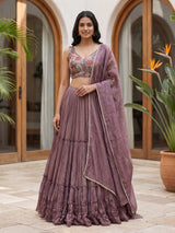 Purple patchwork embroidered crepe silk wedding lehenga look