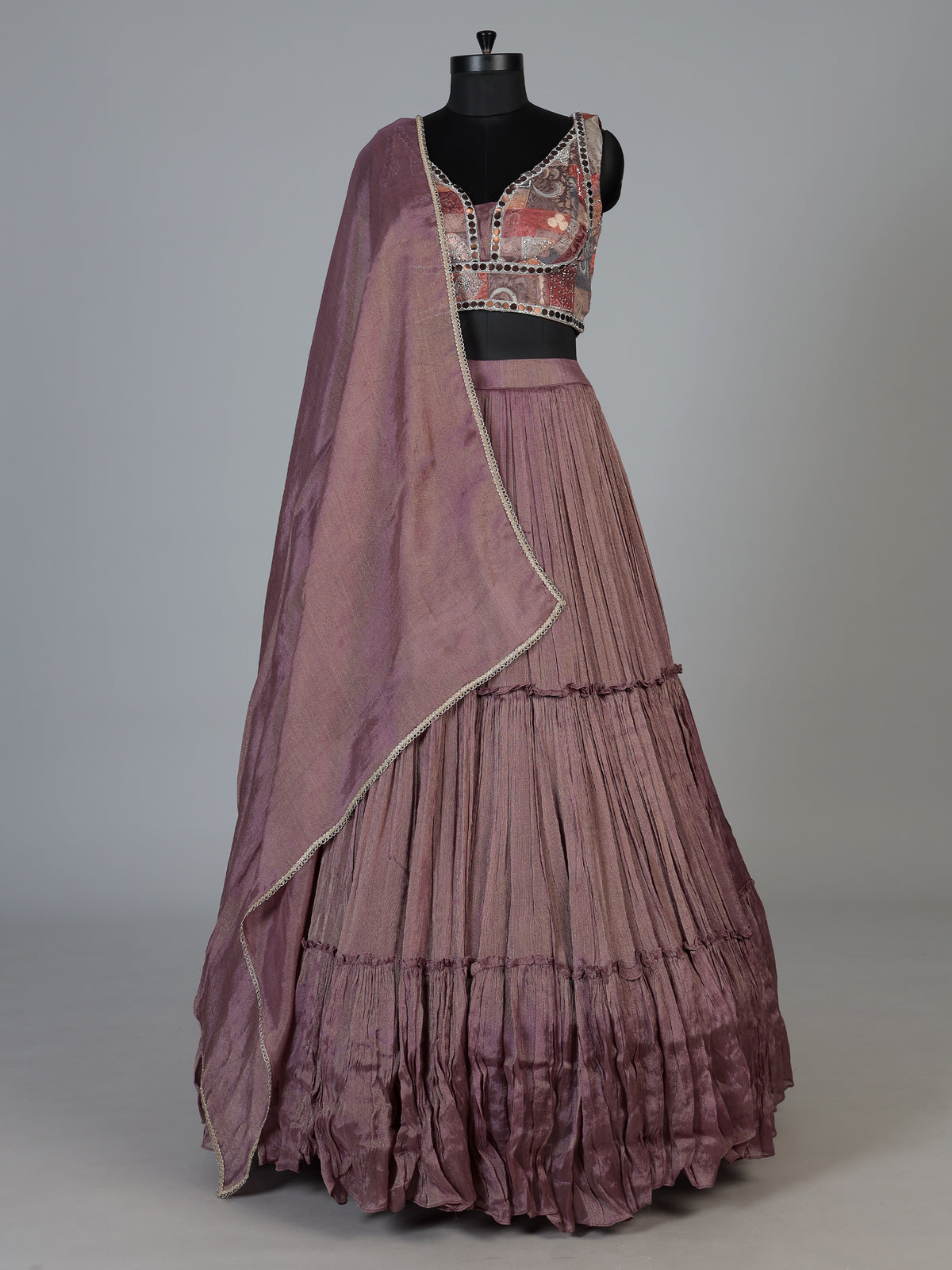 Purple patchwork embroidered crepe silk wedding lehenga look