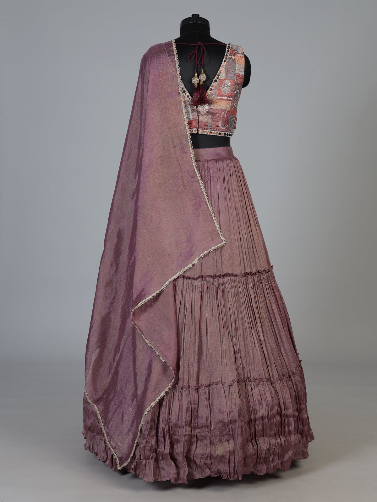 Purple patchwork embroidered crepe silk wedding lehenga look