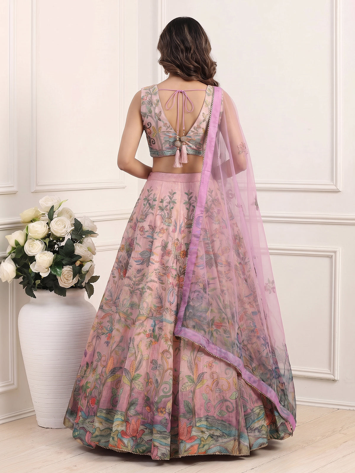 Lavender Pichwai printed georgette silk celebration lehenga