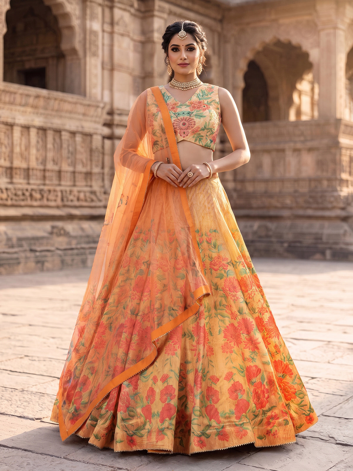 Orange scenic Pichwai georgette silk festive lehenga attire