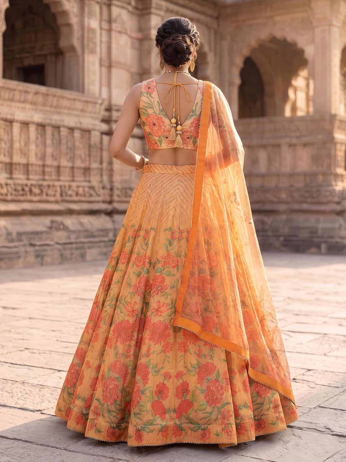 Orange scenic Pichwai georgette silk festive lehenga attire
