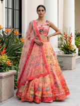 Peach heritage landscape georgette silk bridal lehenga style