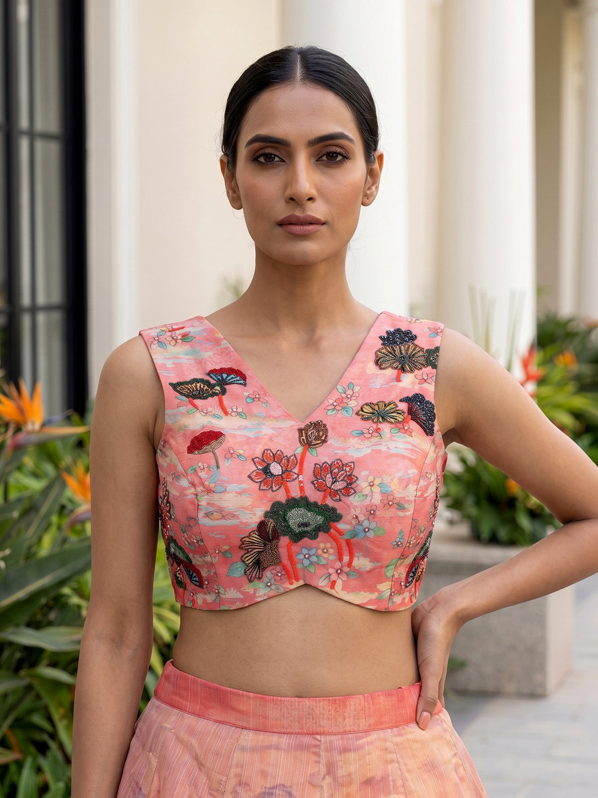 Peach heritage landscape georgette silk bridal lehenga style