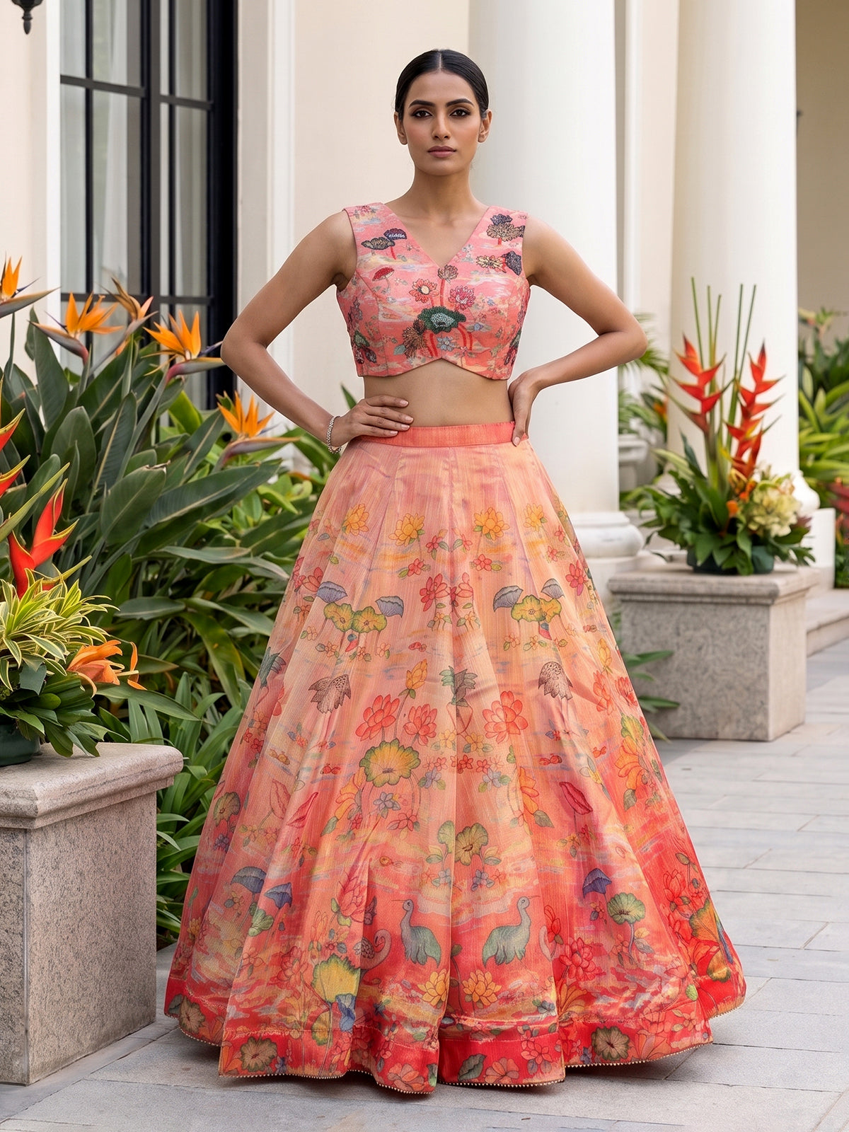 Peach heritage landscape georgette silk bridal lehenga style