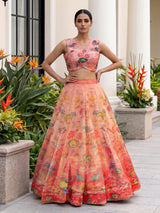 Peach heritage landscape georgette silk bridal lehenga style