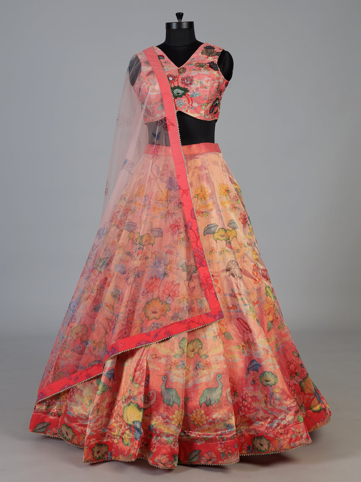 Peach heritage landscape georgette silk bridal lehenga style