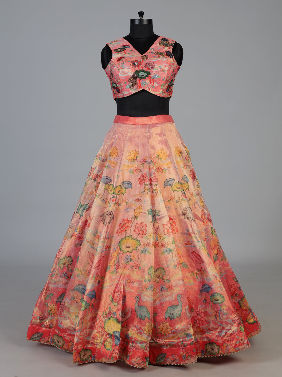 Peach heritage landscape georgette silk bridal lehenga style
