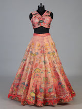 Peach heritage landscape georgette silk bridal lehenga style