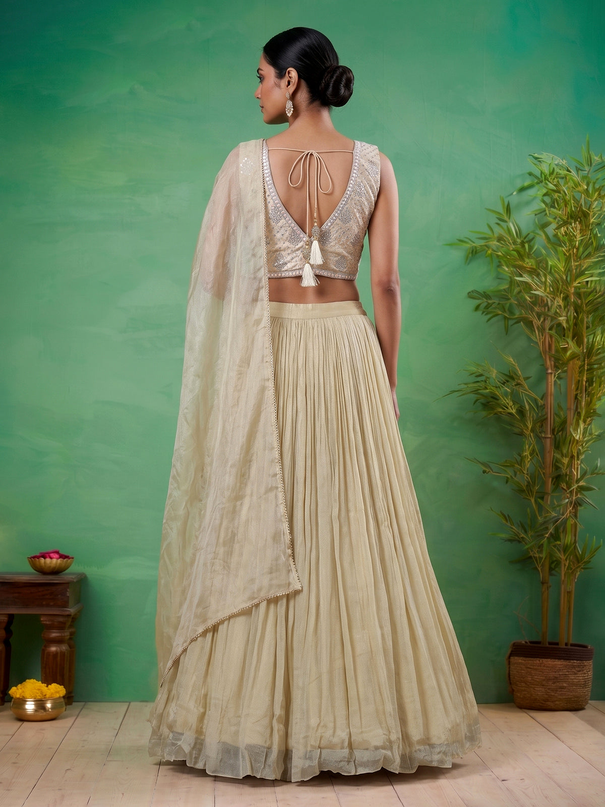 Cream metallic crepe silk designer wedding lehenga ensemble