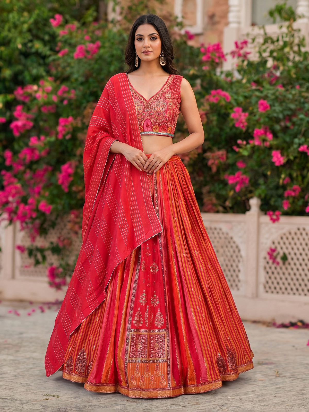 Red cotton silk heritage striped festive lehenga with regal motifs