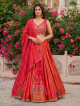 Red cotton silk heritage striped festive lehenga with regal motifs
