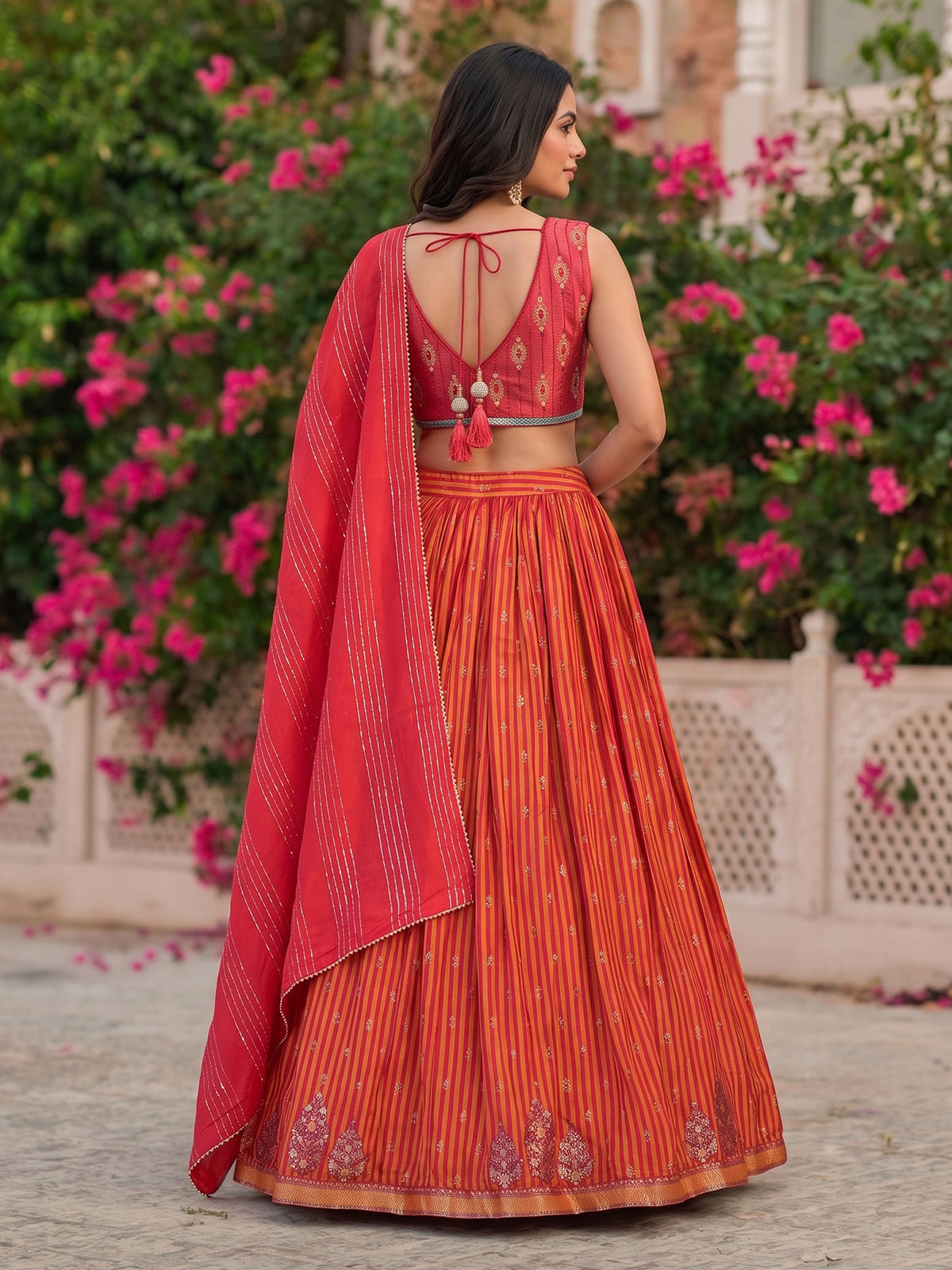 Red cotton silk heritage striped festive lehenga with regal motifs