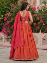 Red cotton silk heritage striped festive lehenga with regal motifs