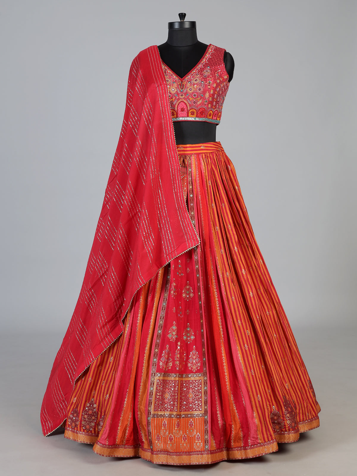 Red cotton silk heritage striped festive lehenga with regal motifs