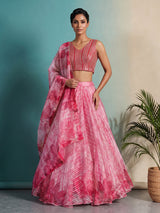 Pink printed georgette festive lehenga statement