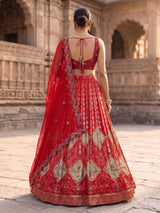 Red embroidered georgette silk celebration lehenga