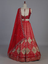 Red embroidered georgette silk celebration lehenga