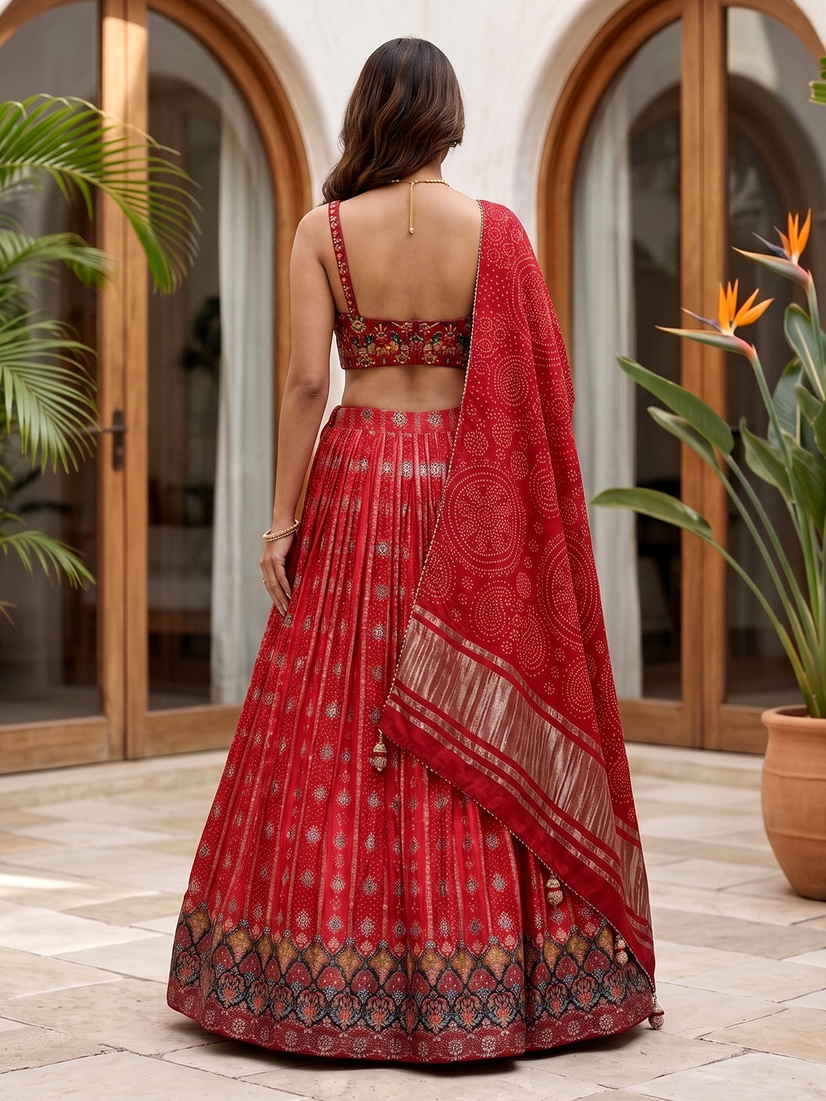 Red Bandhani silk heritage festive lehenga attire
