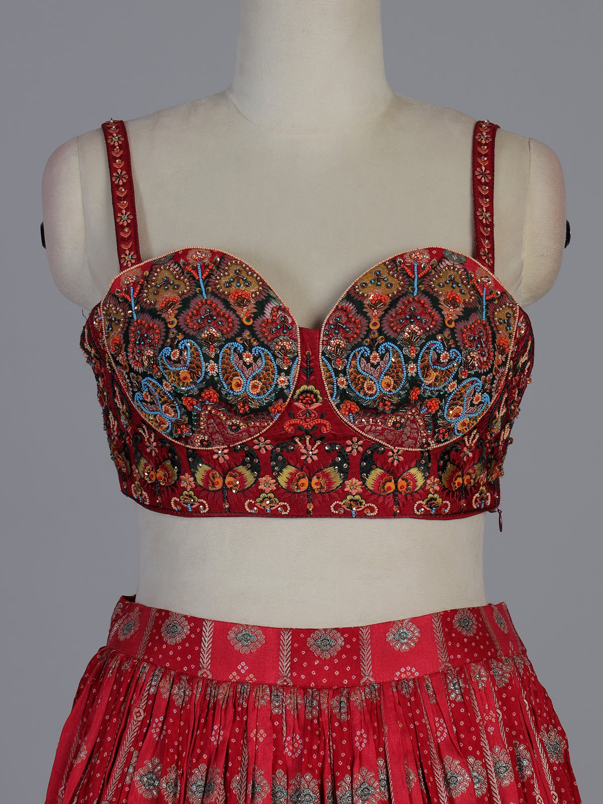 Red Bandhani silk heritage festive lehenga attire