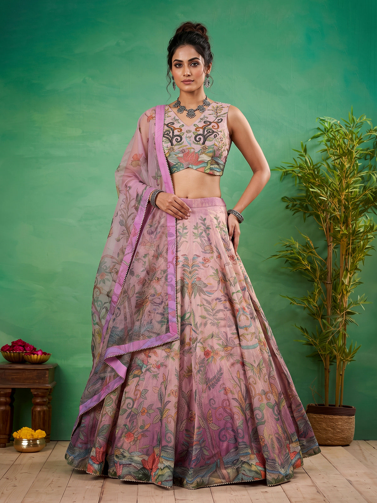Pink floral printed georgette silk wedding ensemble lehenga choli for women