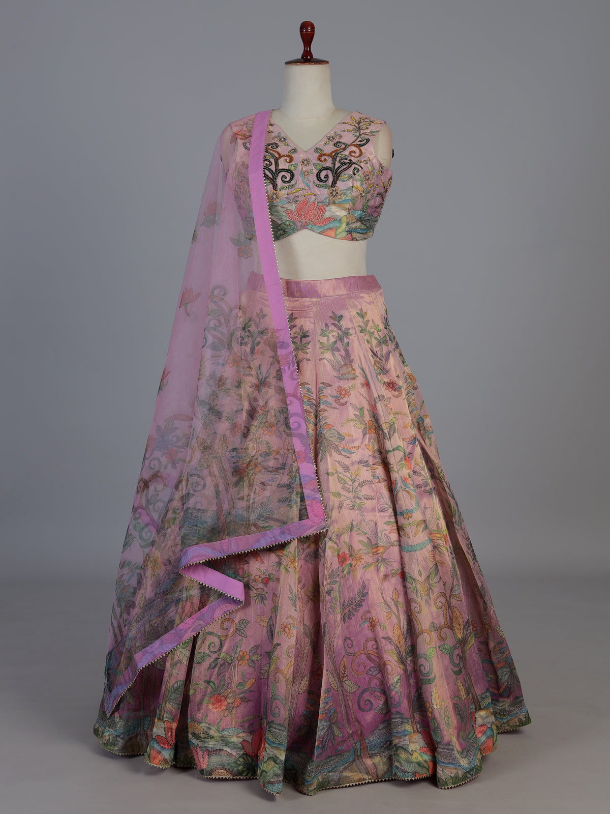 Pink floral printed georgette silk wedding ensemble lehenga choli for women