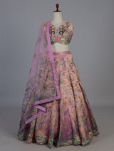 Pink floral printed georgette silk wedding ensemble lehenga choli for women