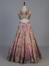 Pink floral printed georgette silk wedding ensemble lehenga choli for women